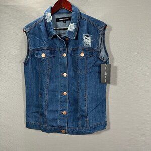 Ashley Mason Denim Vest Womens Small Jacket Distressed Bird Embellishment NEW